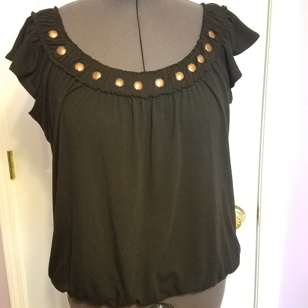Black Tank w/Flutter Cap Sleeves & Copper Accents